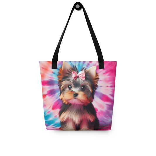 Pink & Blue Tie-Dye Yorkie Tote Bag